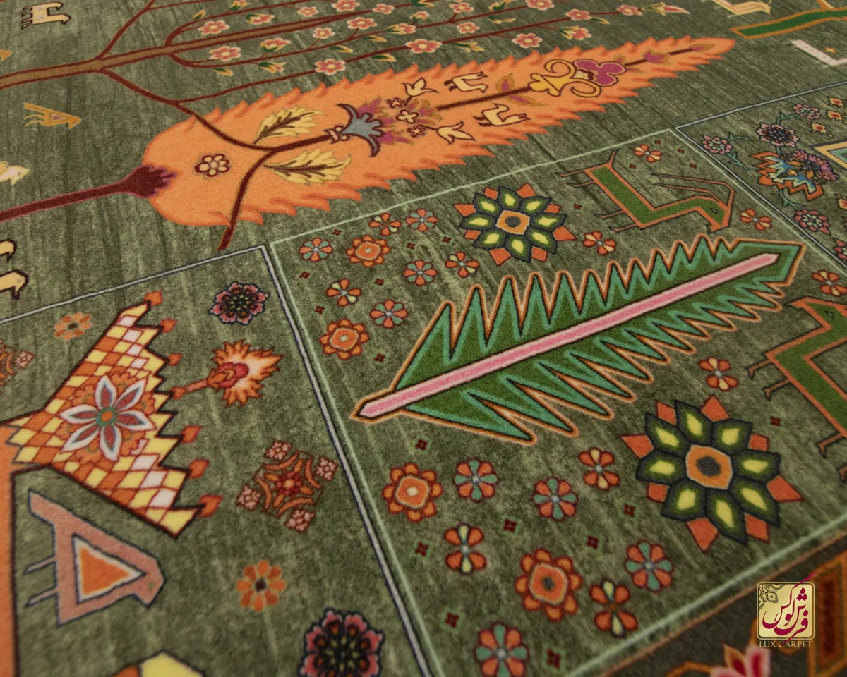 فرش ابریشم ماشینی T1049 سبز نارنجی