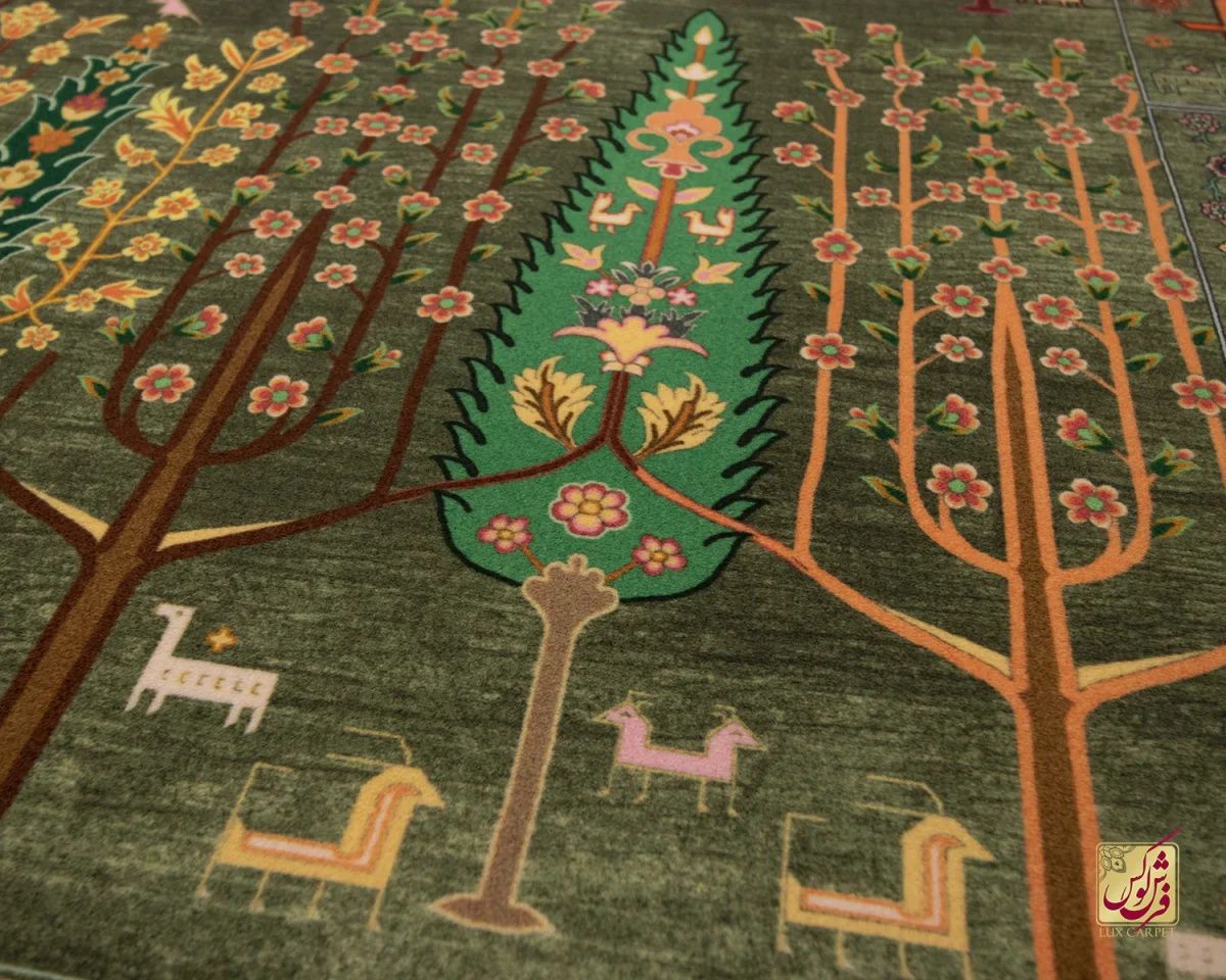 فرش ابریشم ماشینی T1049 سبز نارنجی