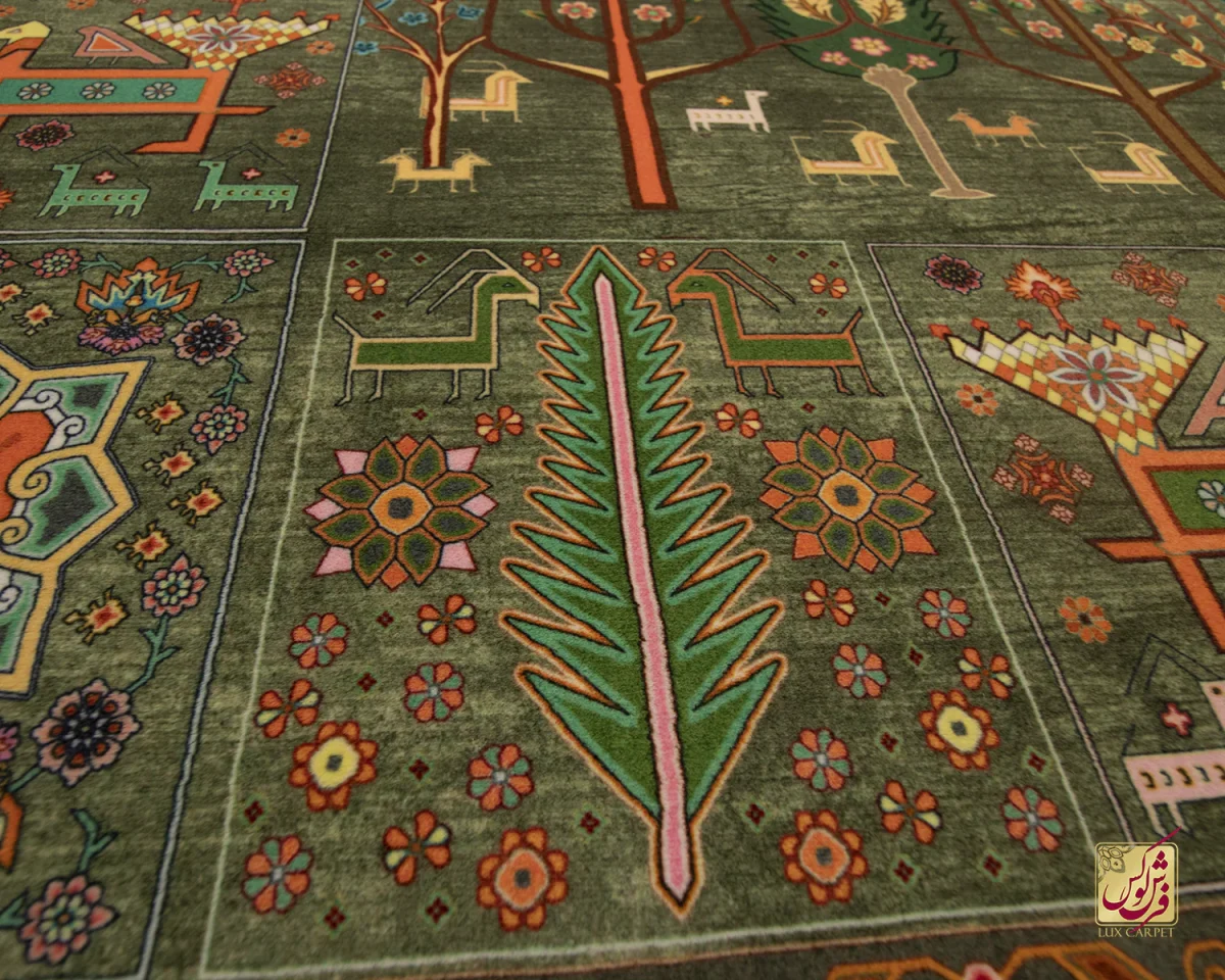 فرش ابریشم ماشینی T1049 سبز نارنجی