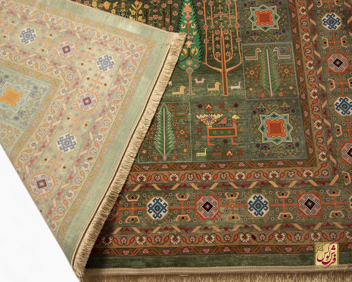 فرش ابریشم ماشینی T1049 سبز نارنجی