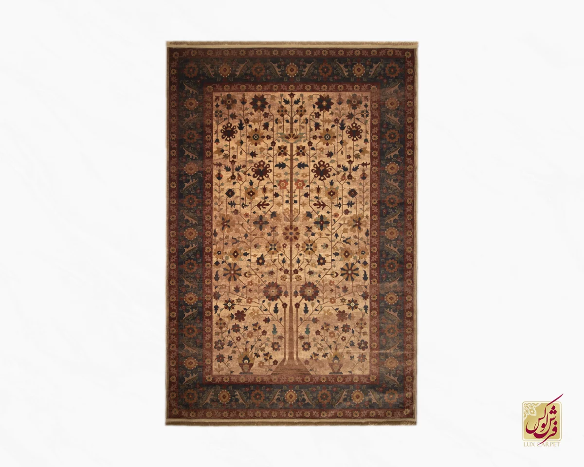 فرش ابریشم ماشینی Z1086 کرم حاشیه سرمه ای