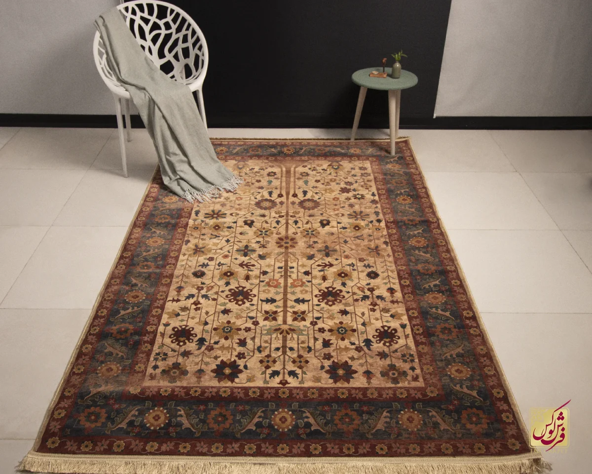 فرش ابریشم ماشینی Z1086 کرم حاشیه سرمه ای