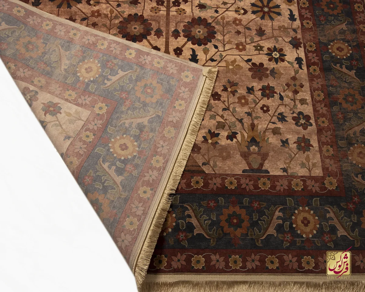 فرش ابریشم ماشینی Z1086 کرم حاشیه سرمه ای