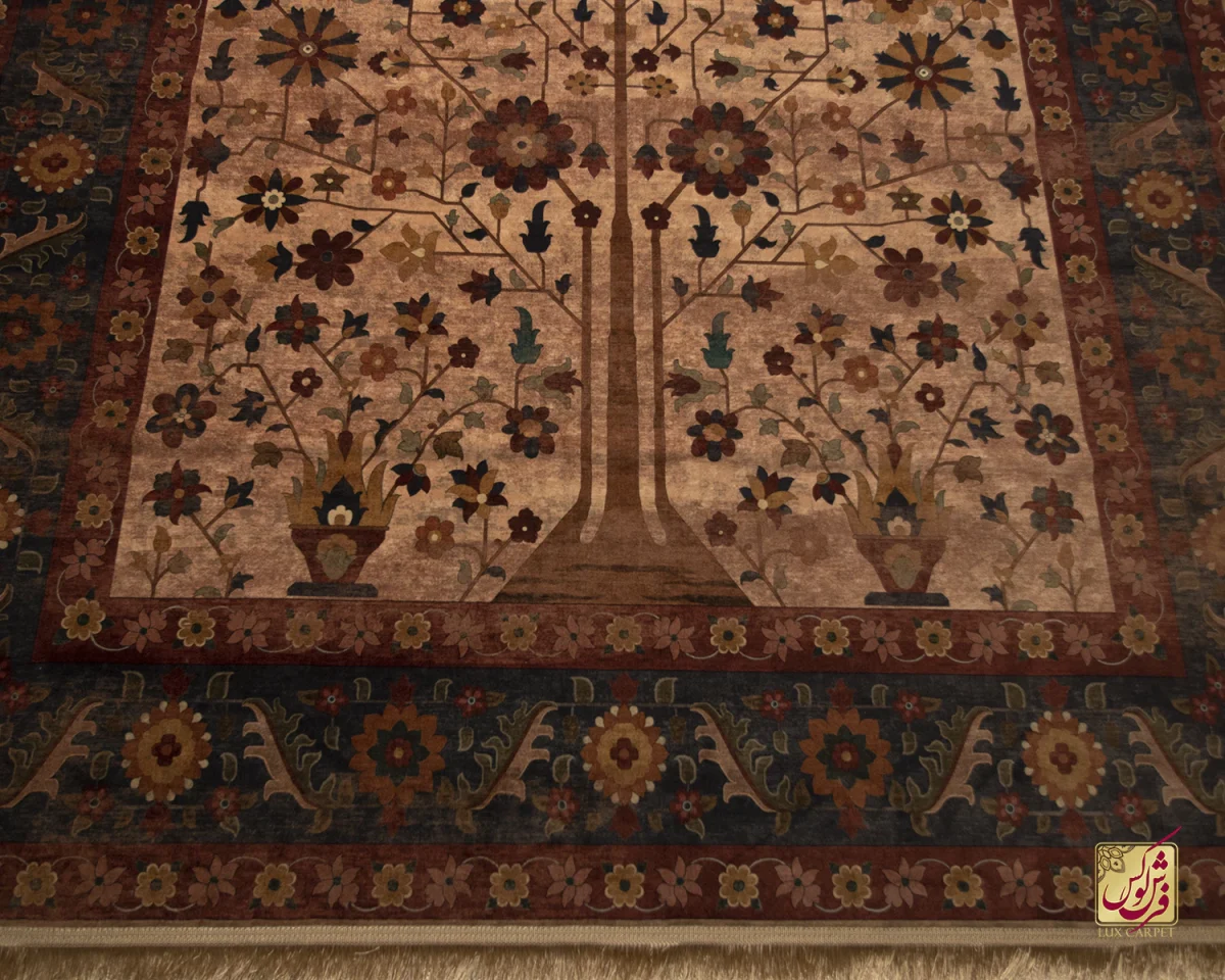 فرش ابریشم ماشینی Z1086 کرم حاشیه سرمه ای