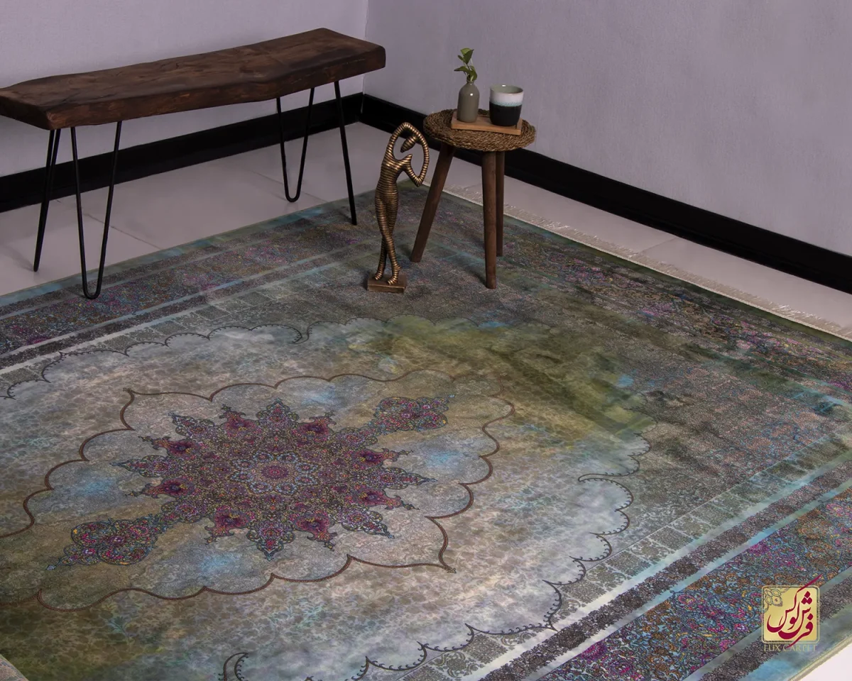فرش ابریشم ماشینی ۲۰۱۷۴۳ فیروزه ای سبز کهکشانی