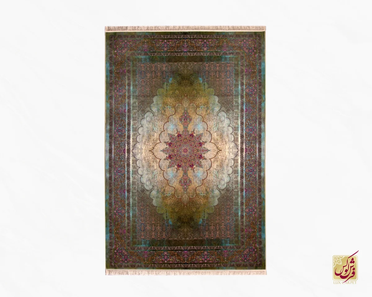 فرش ابریشم ماشینی ۲۰۱۷۴۳ فیروزه ای سبز کهکشانی