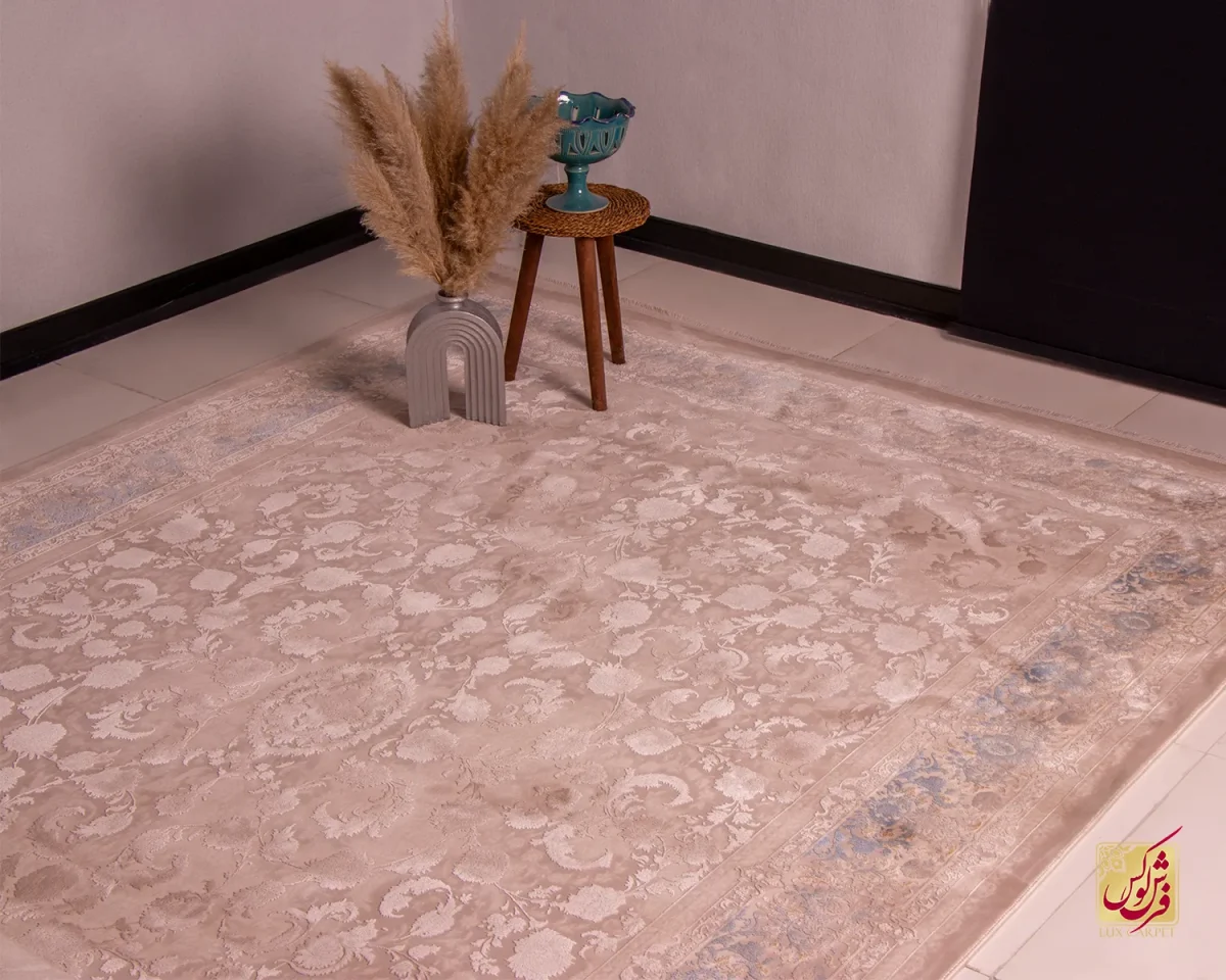 فرش وینتیج ۳۰۲۱ نسکافه‌ای کرم حاشیه آبی