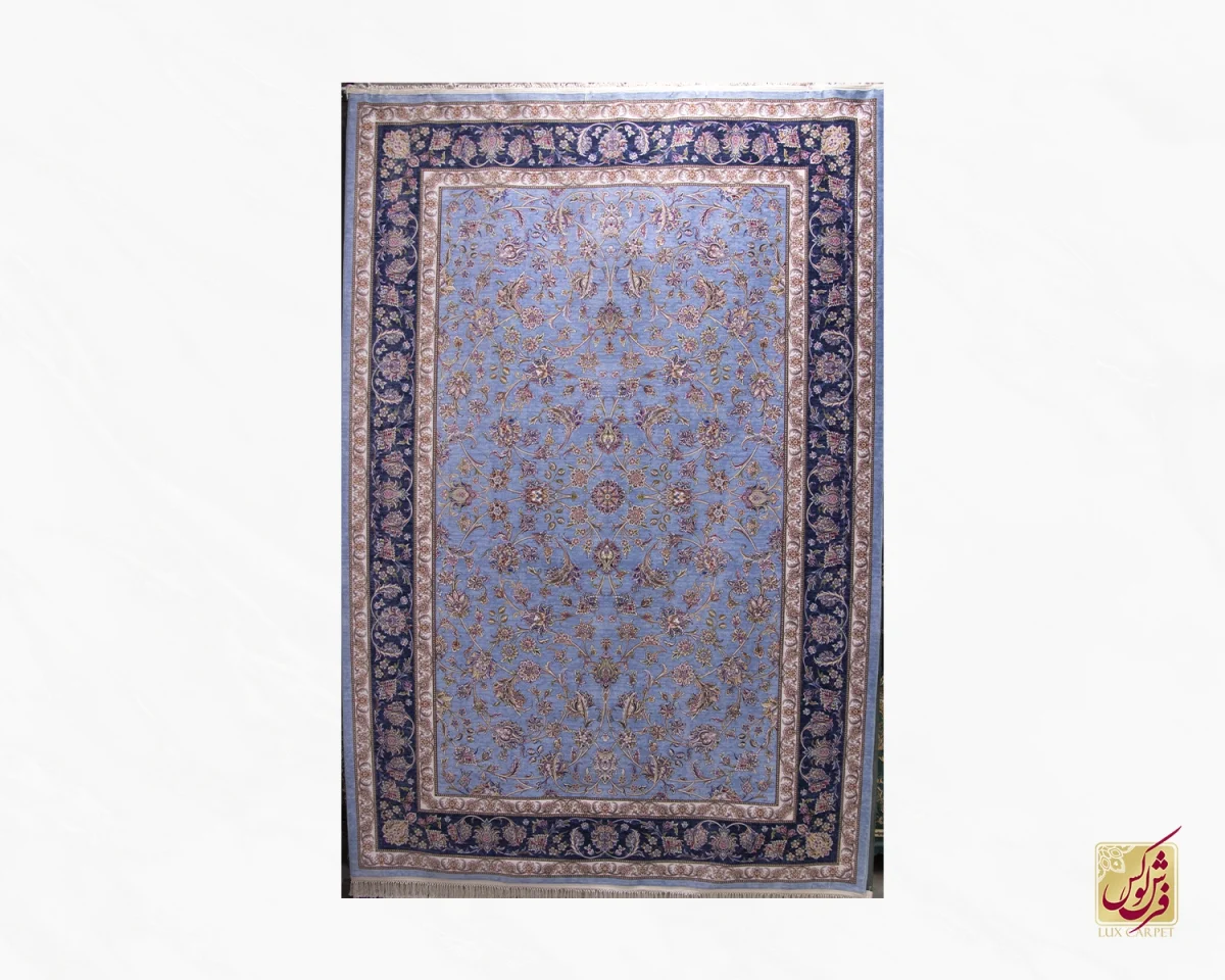 فرش ابریشم ماشینی بهراد آبی فیروزه ای حاشیه سورمه ای - تصویر 1