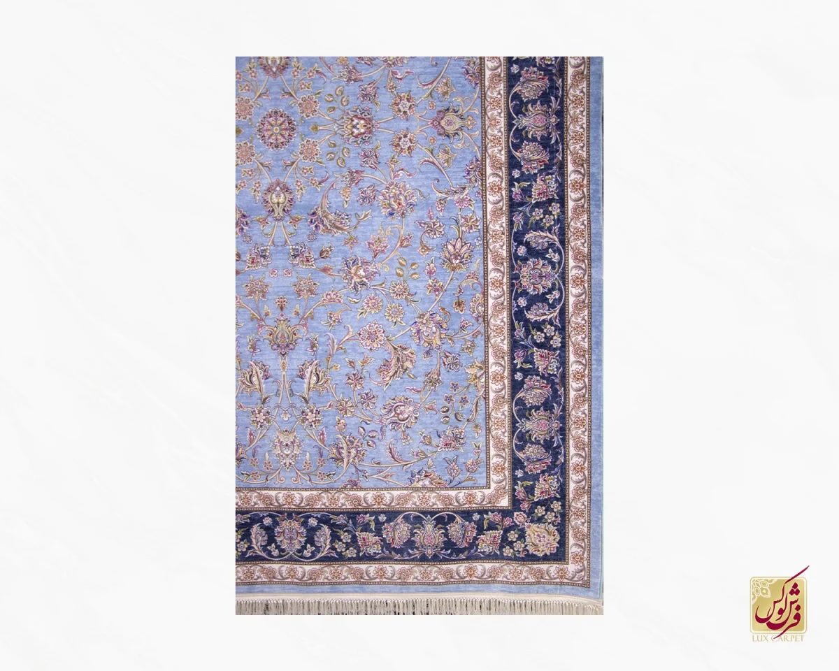 فرش ابریشم ماشینی بهراد آبی فیروزه ای حاشیه سورمه ای - تصویر 2