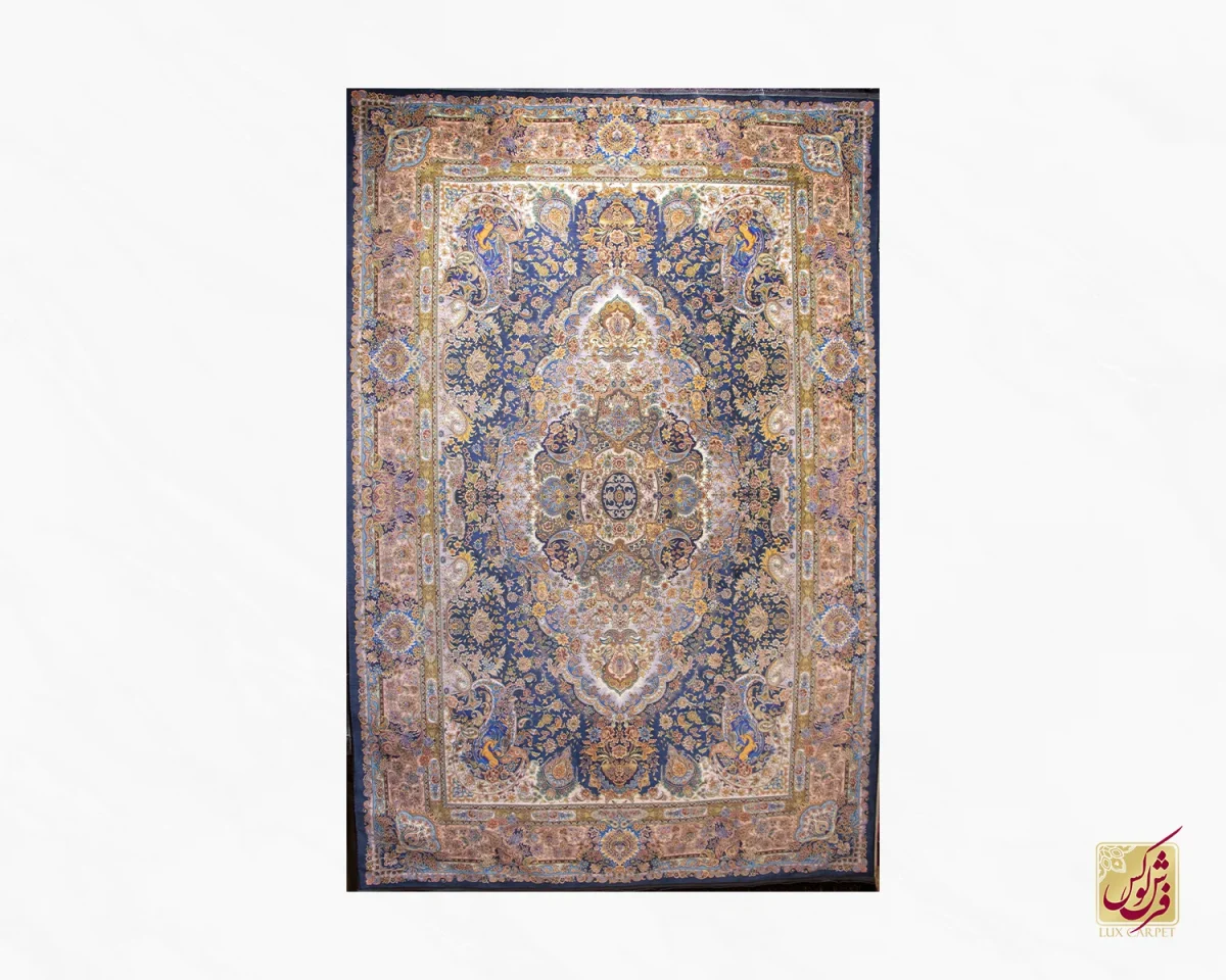 6متری (69) فرش ابریشم ماشینی 639 آبی گلبهی - تصویر 1