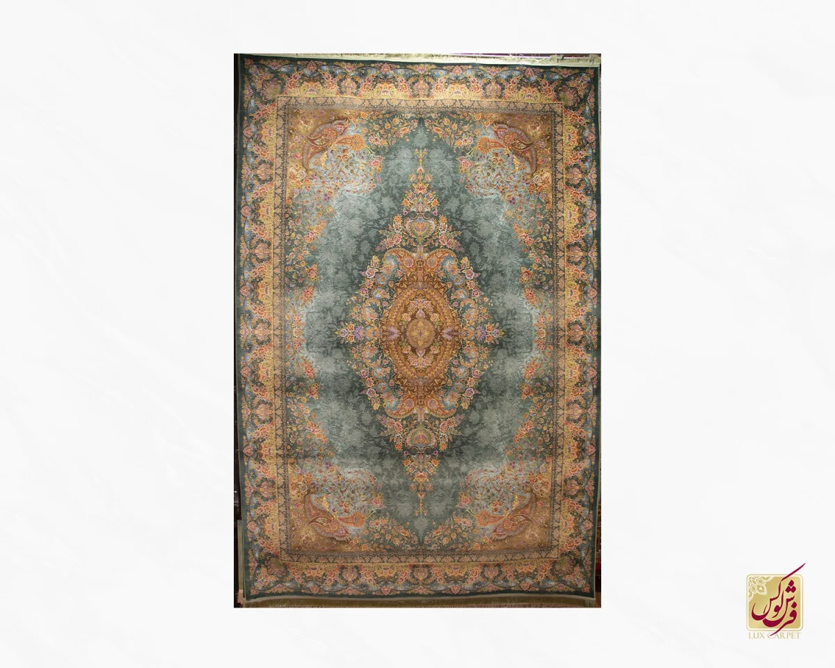 فرش ابریشم ماشینی 638 سبز آبی - تصویر 1