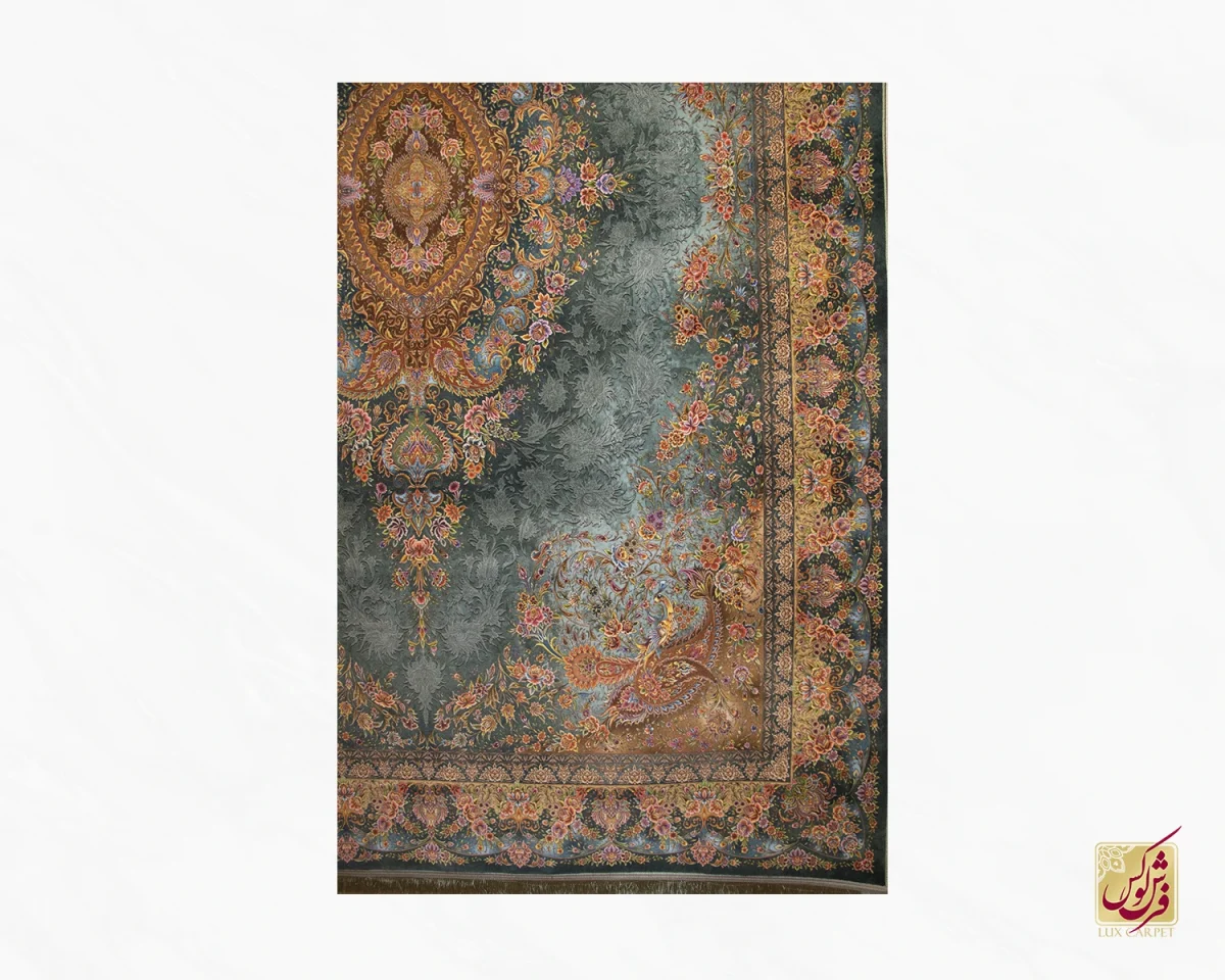 فرش ابریشم ماشینی 638 سبز آبی - تصویر 2