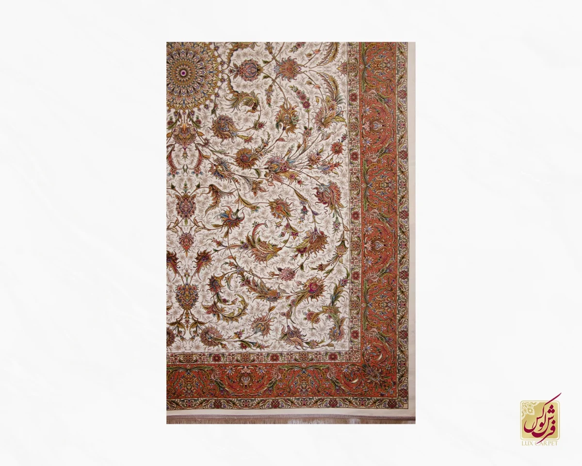 فرش ابریشم ماشینی 651 کرم حاشیه آجری - تصویر 2