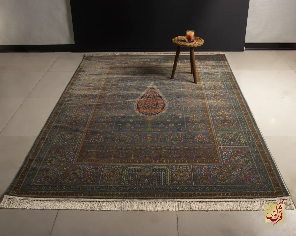 730900-1 فرش ابریشم ماشینی 730900سرمه ای