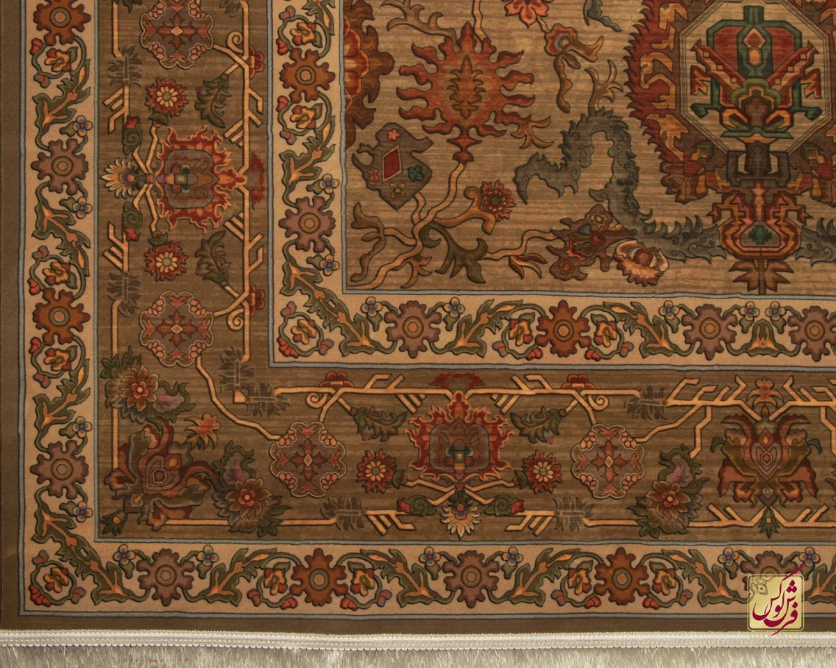 فرش ابریشم ماشینی 740601 قهوی کرم