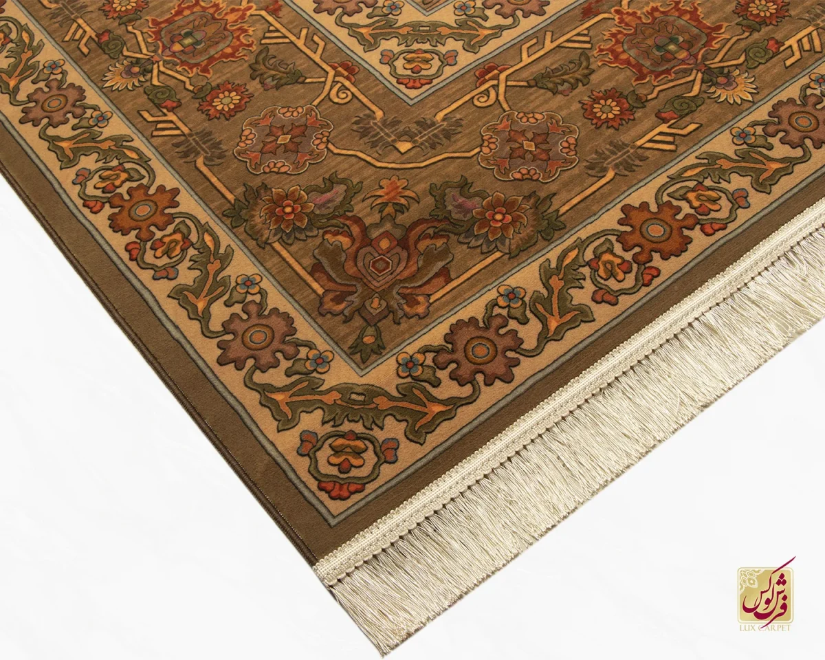 فرش ابریشم ماشینی 740601 قهوی کرم