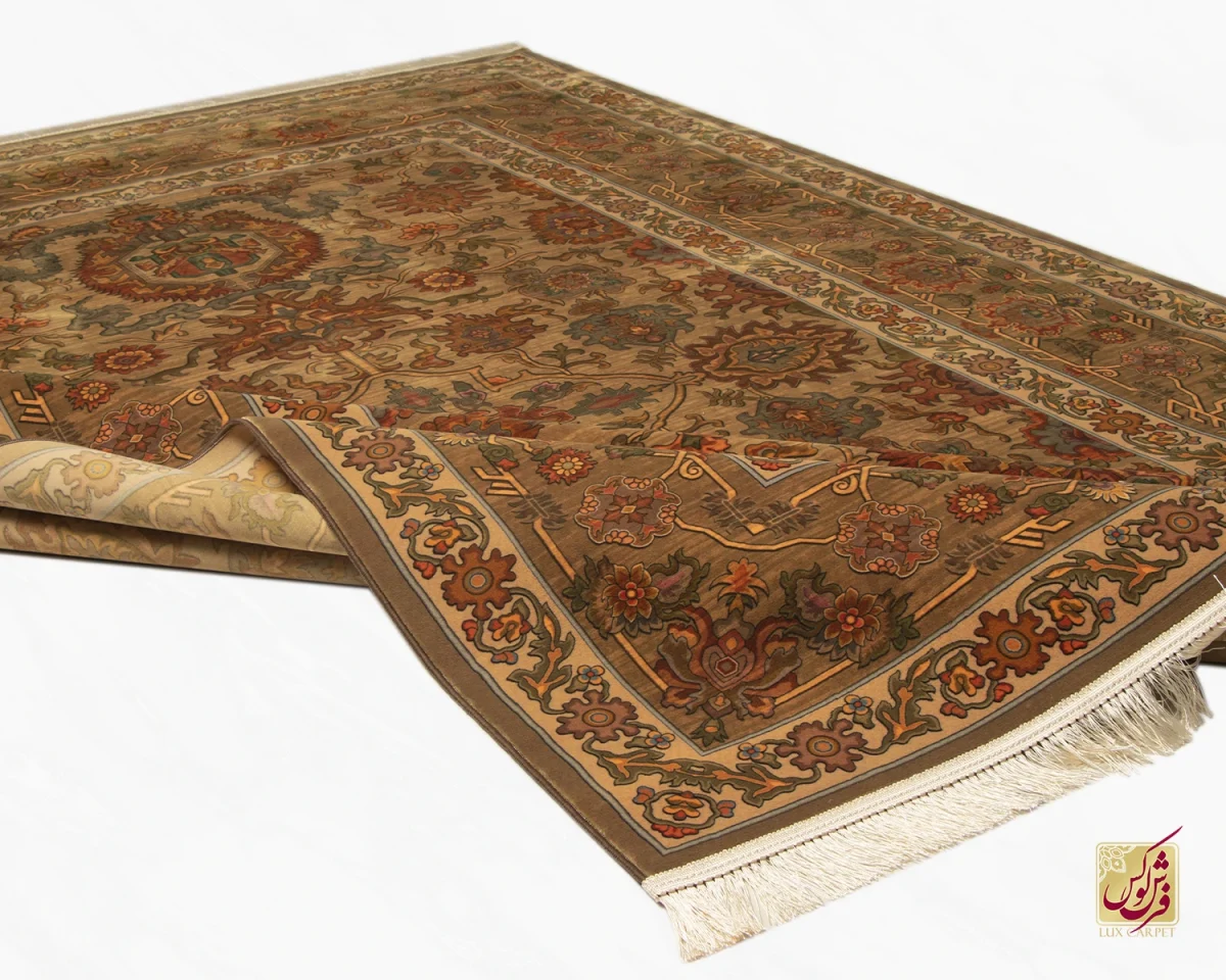 فرش ابریشم ماشینی 740601 قهوی کرم