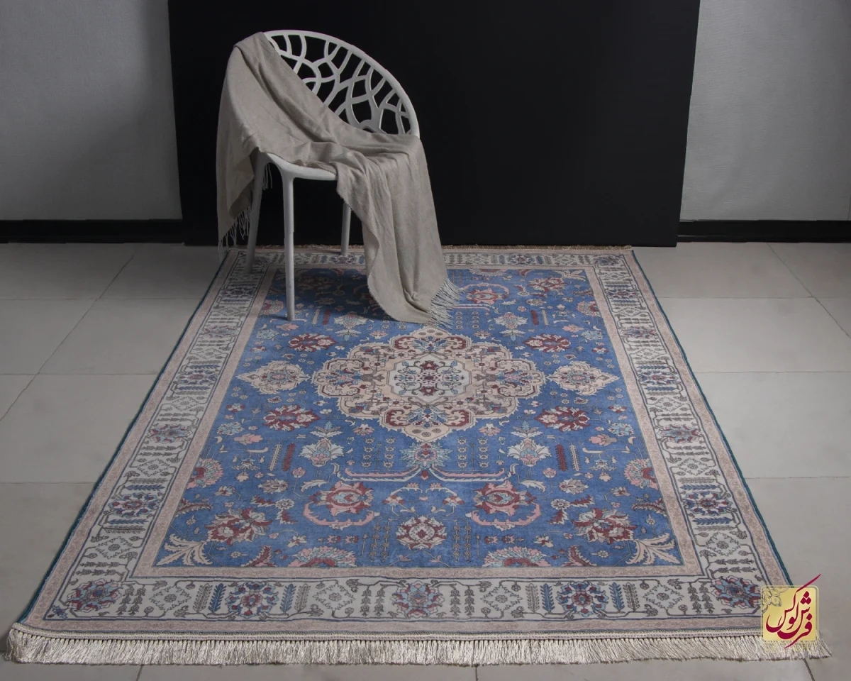 743100 فرش ابریشم ماشینی 743100 ابی کرم