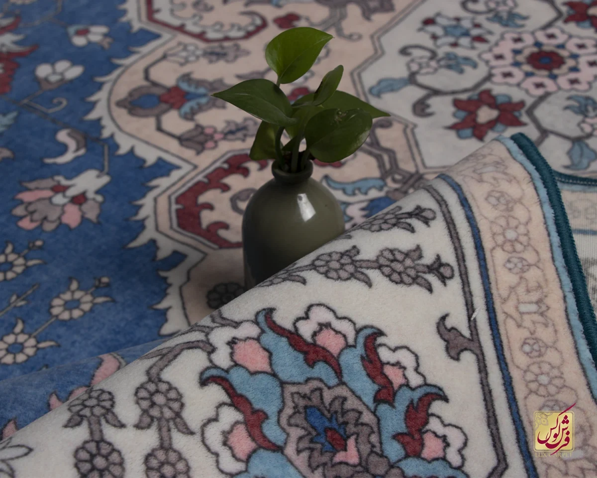 فرش ابریشم ماشینی 743100 ابی کرم