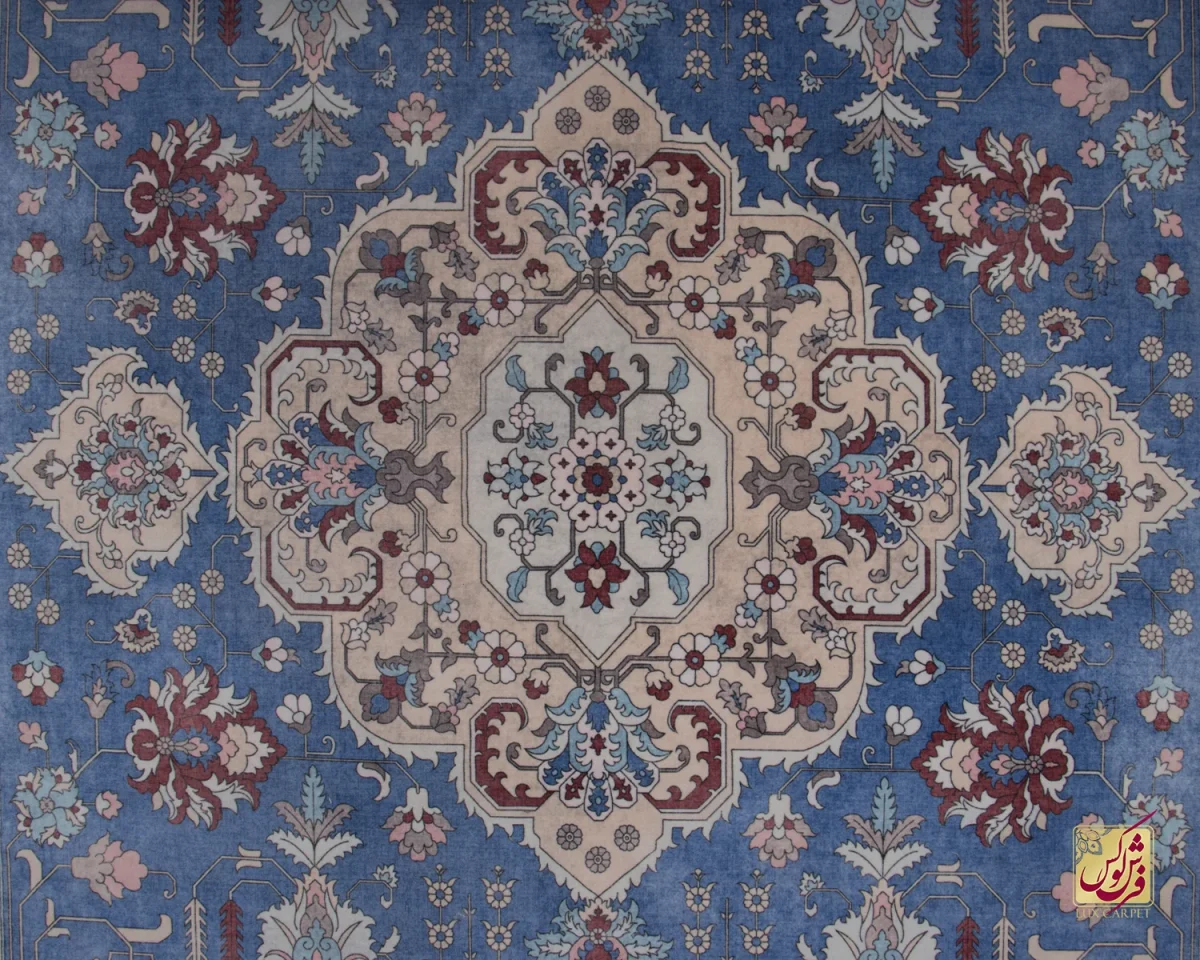 فرش ابریشم ماشینی 743100 ابی کرم