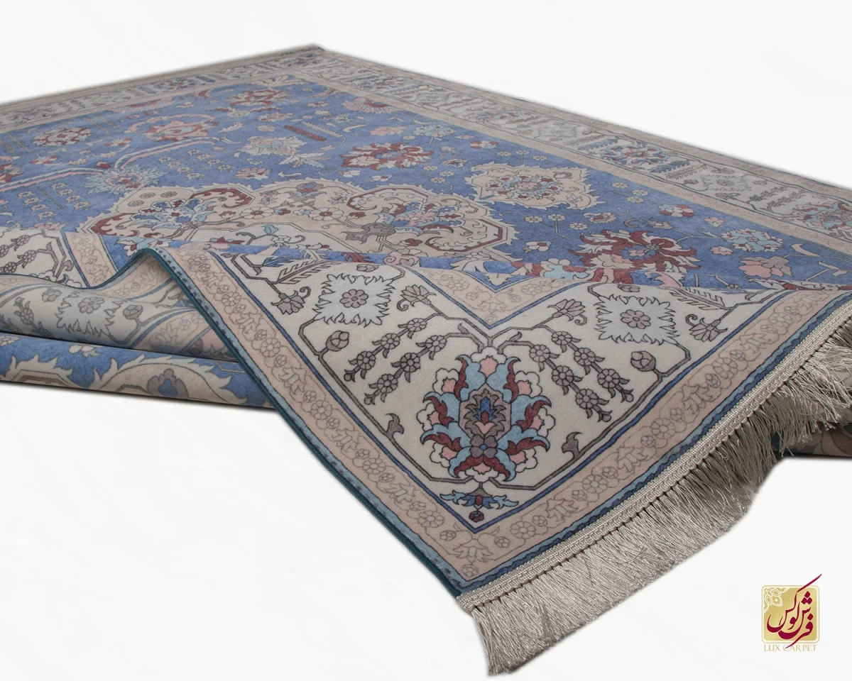 فرش ابریشم ماشینی 743100 ابی کرم