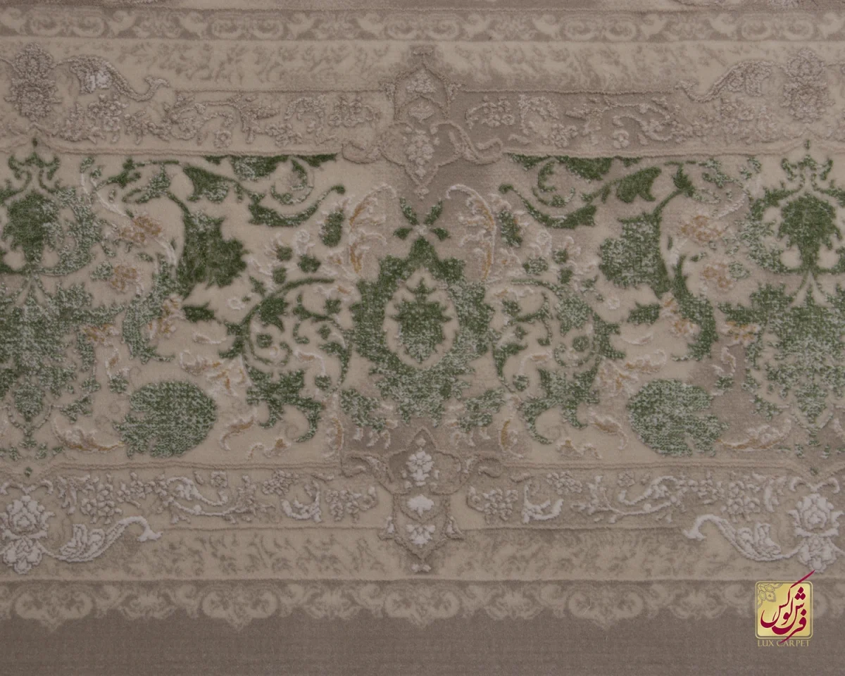 فرش وینتیج 3022 نسکافه‌ای کرم حاشیه سبز