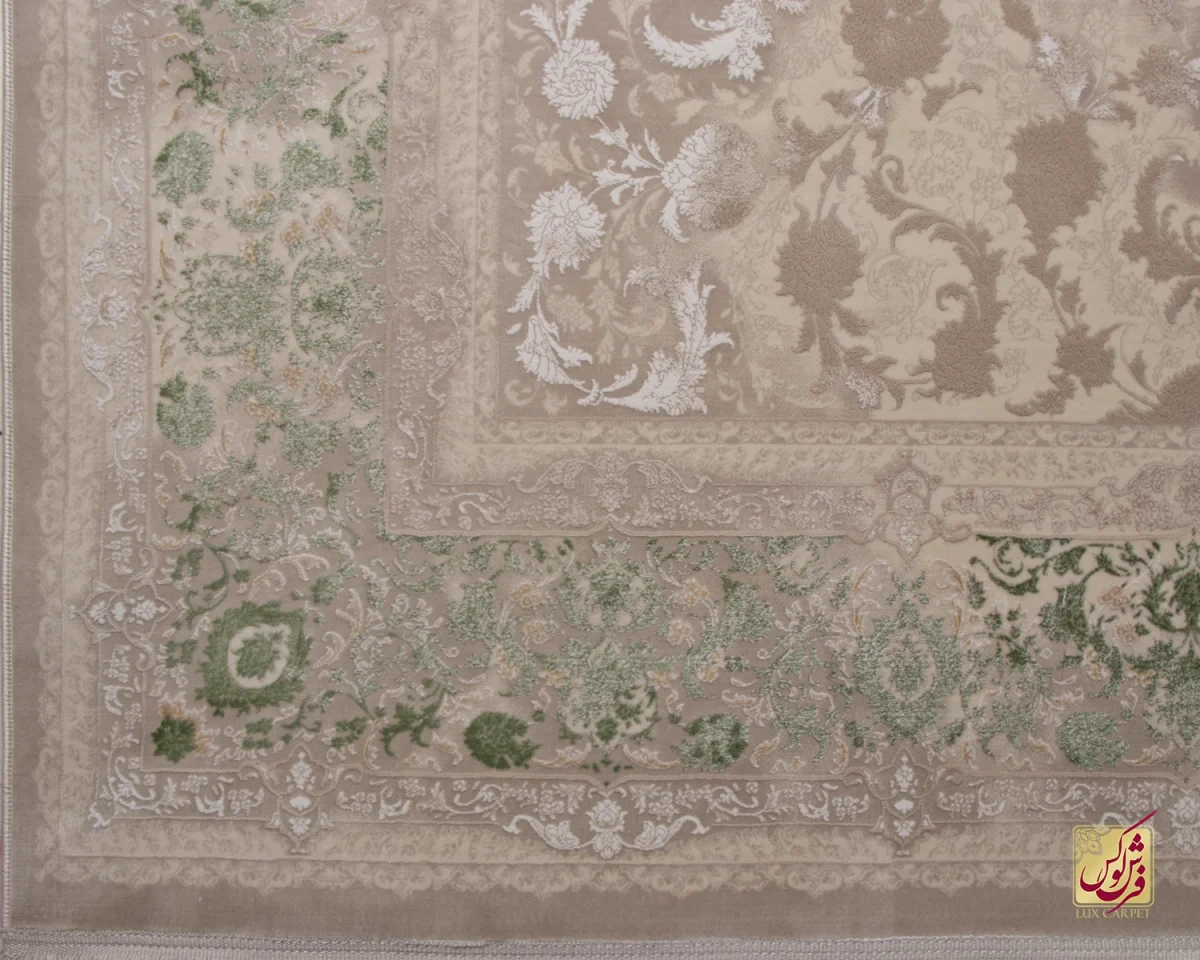 فرش وینتیج 3022 نسکافه‌ای کرم حاشیه سبز
