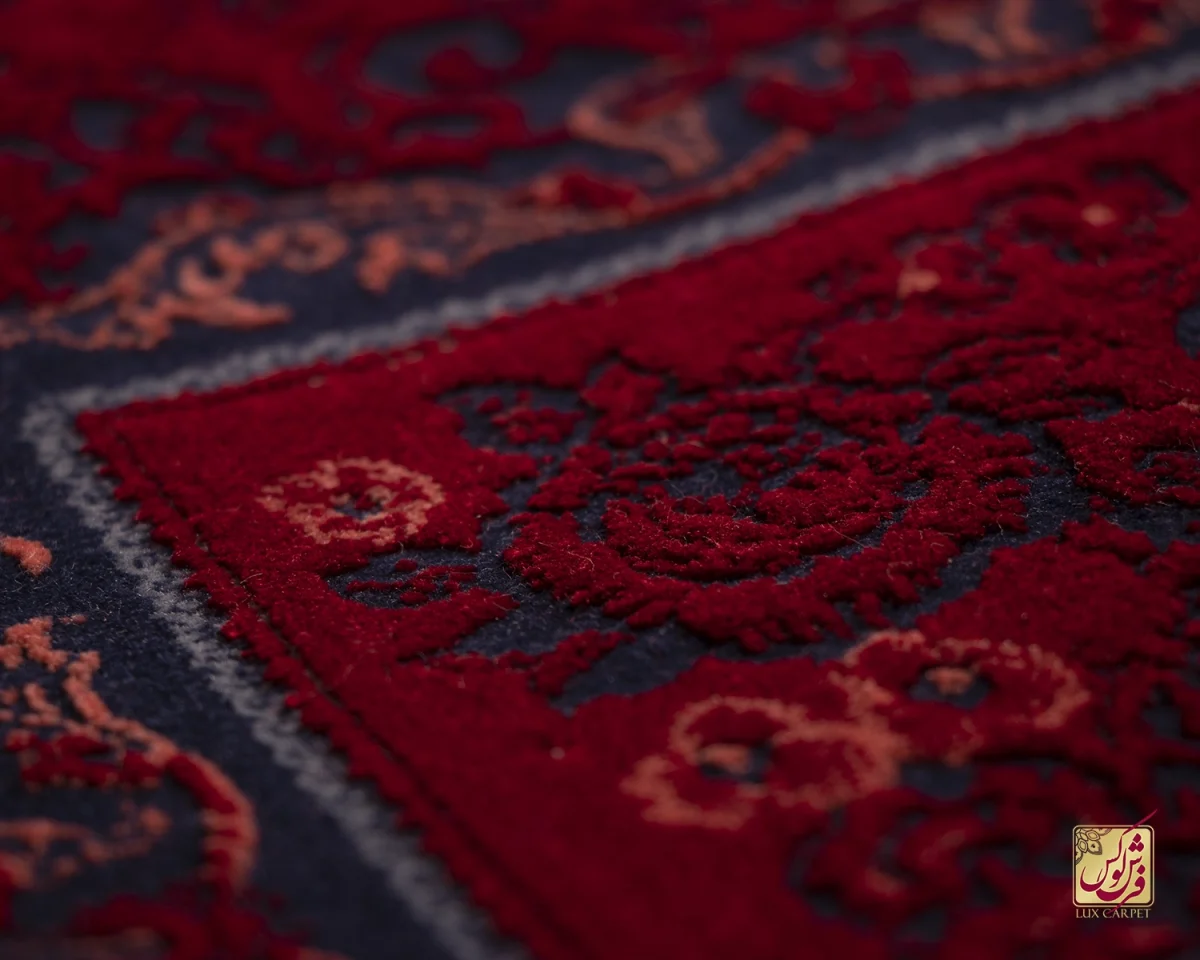 فرش وینتیج کتیبه lsk قرمز سورمه ای