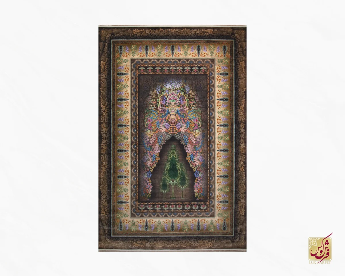 فرش ابریشم ماشینی T1120 قهوه‌ای نسکافه‌ای - تصویر 2