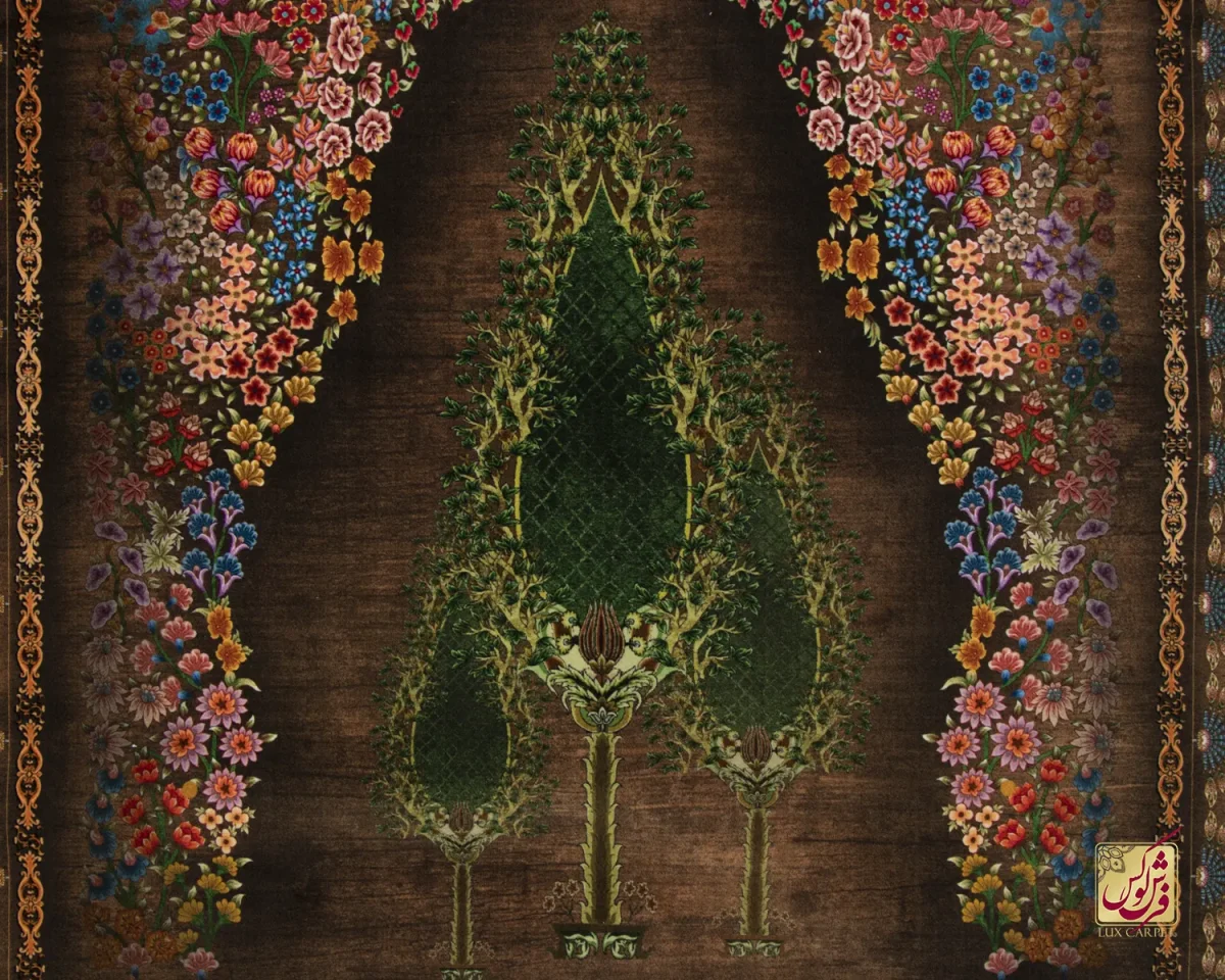 فرش ابریشم ماشینی T1120 قهوه‌ای نسکافه‌ای - تصویر 3