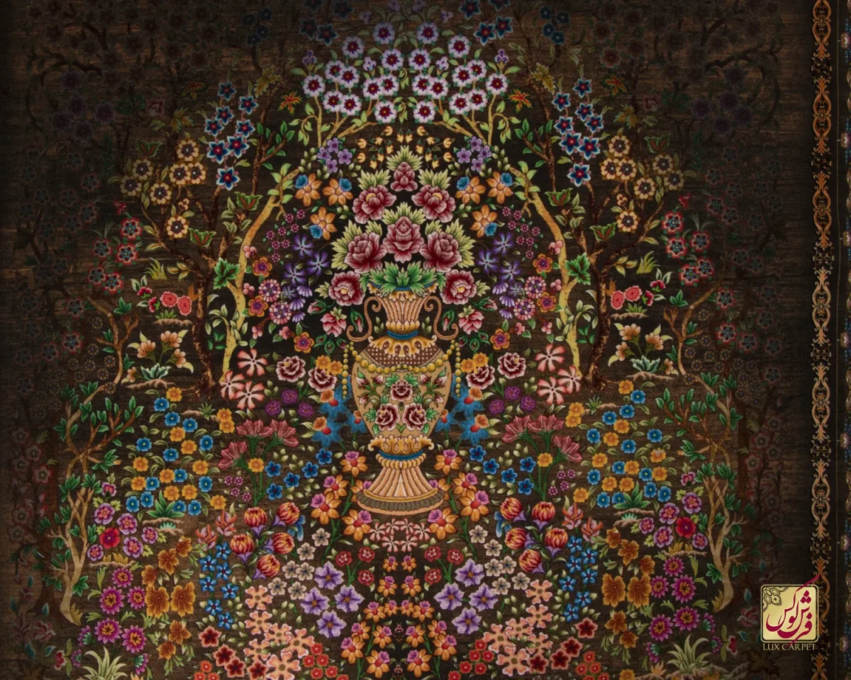 فرش ابریشم ماشینی T1120 قهوه‌ای نسکافه‌ای - تصویر 4