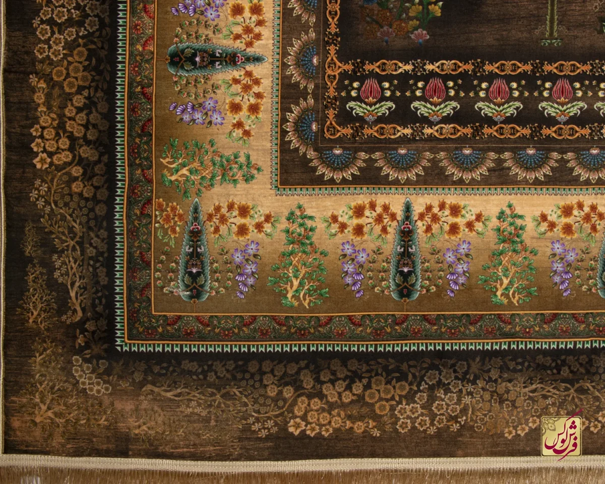 فرش ابریشم ماشینی T1120 قهوه‌ای نسکافه‌ای - تصویر 7