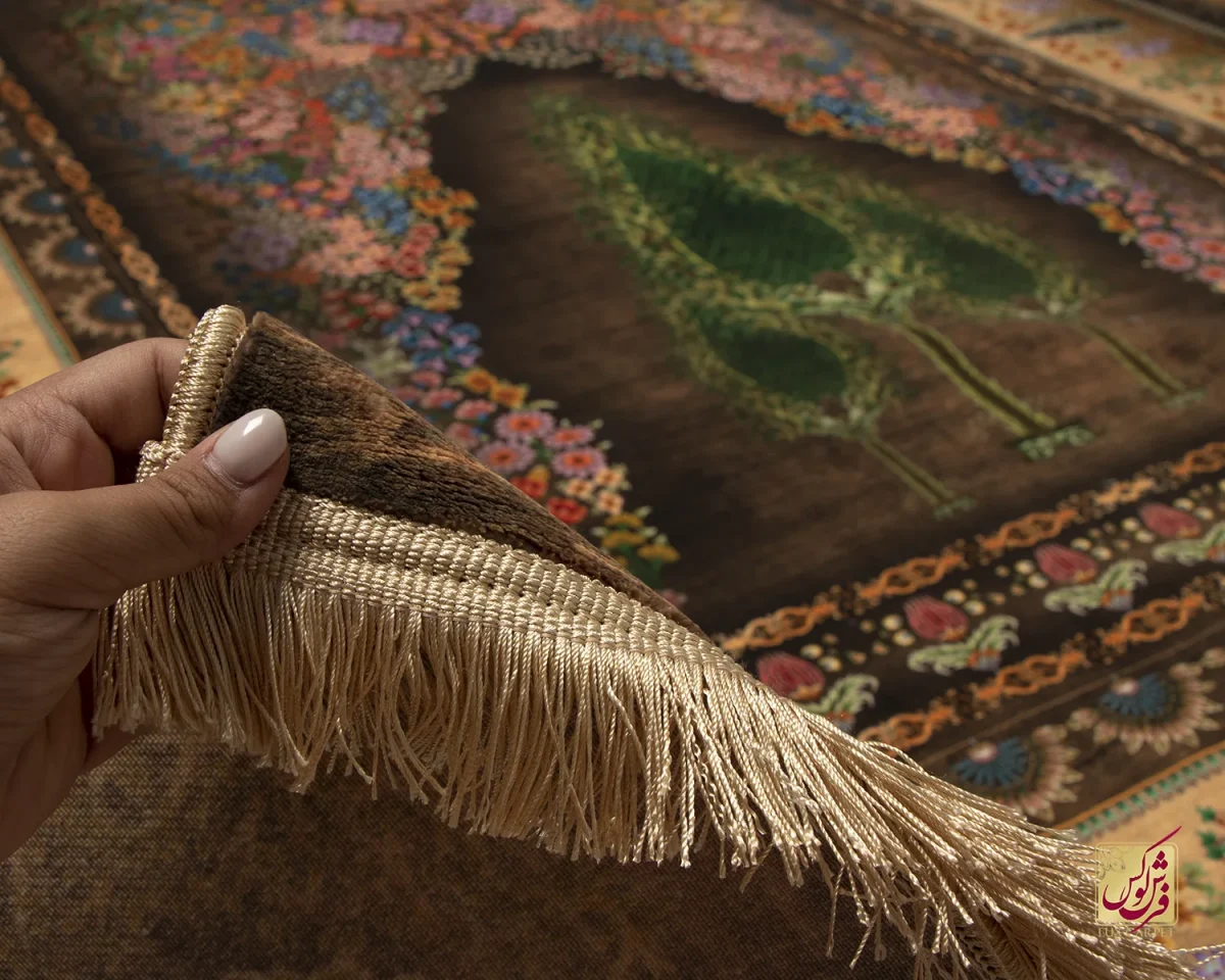 فرش ابریشم ماشینی T1120 قهوه‌ای نسکافه‌ای - تصویر 8