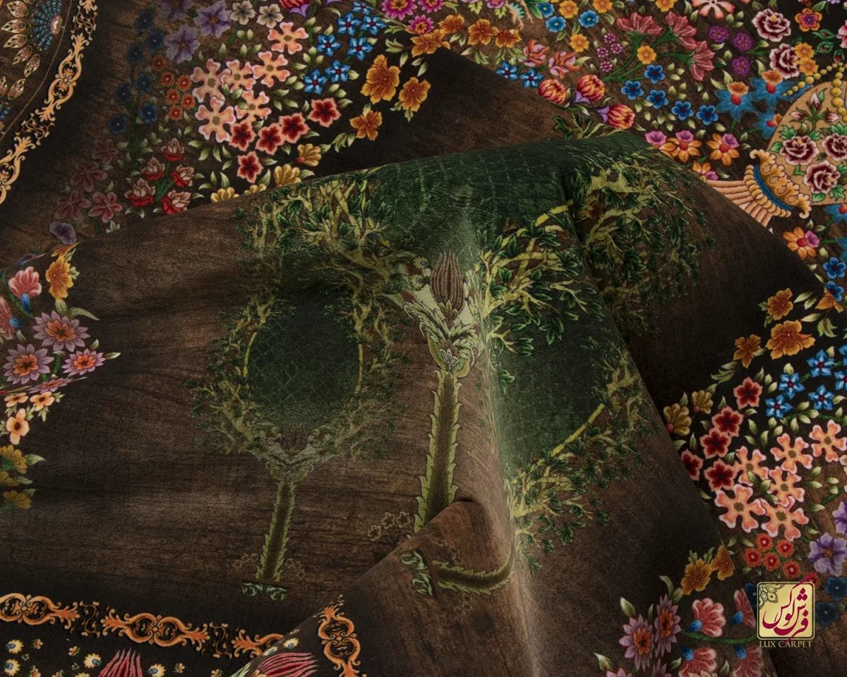 فرش ابریشم ماشینی T1120 قهوه‌ای نسکافه‌ای - تصویر 10