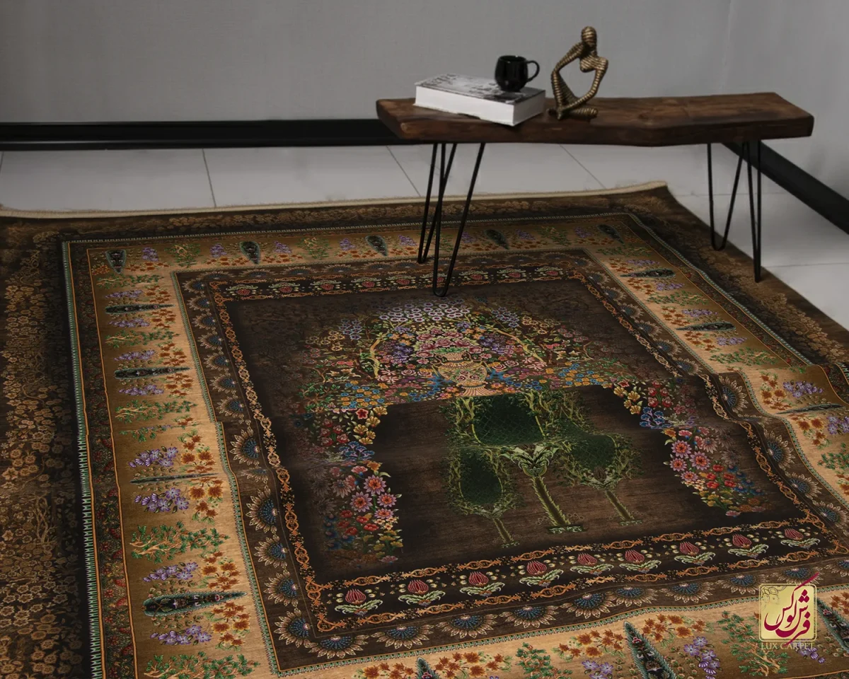 3 t1120-9 فرش ابریشم ماشینی T1120 قهوهای نسکافهای - تصویر 1