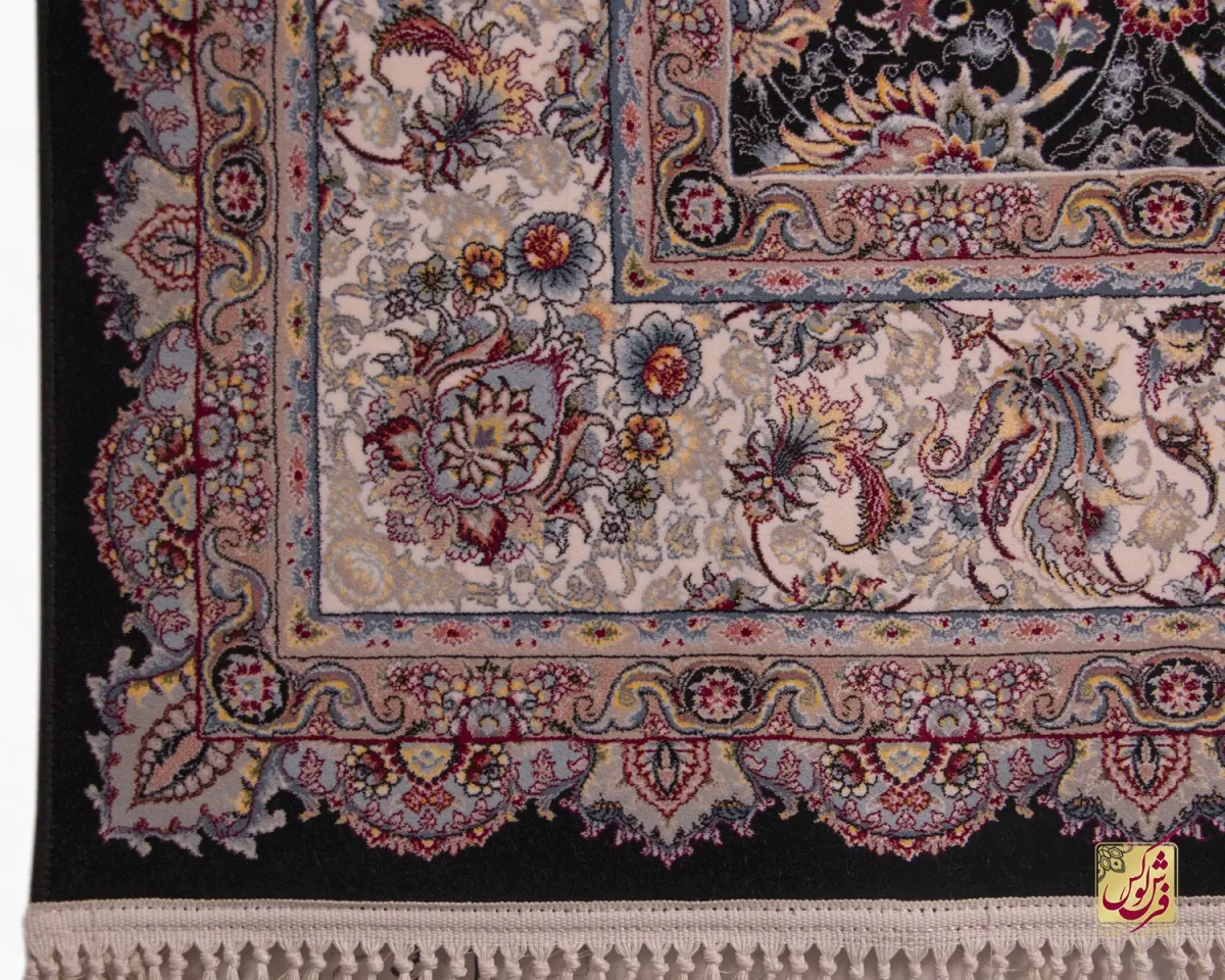 فرش ابریشم ماشینی ۱۲۱۱ سرمه ای حاشیه کرم