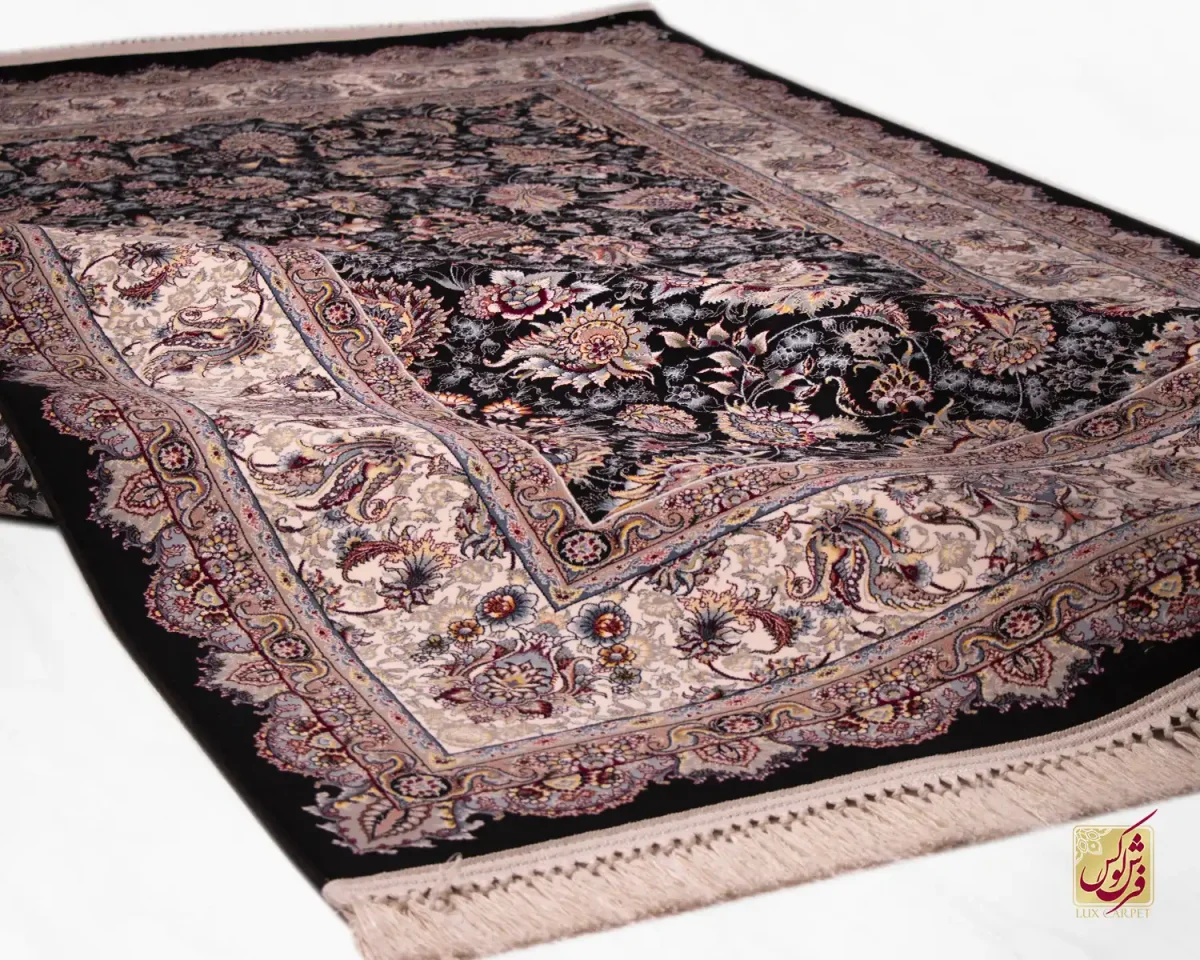 sormei1211-7 فرش ابریشم ماشینی ۱۲۱۱ سرمه ای حاشیه کرم