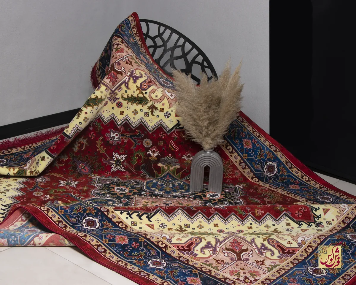 t1089 11 فرش ابریشم ماشینی T1089 لاکی حاشیه آبی - تصویر 1