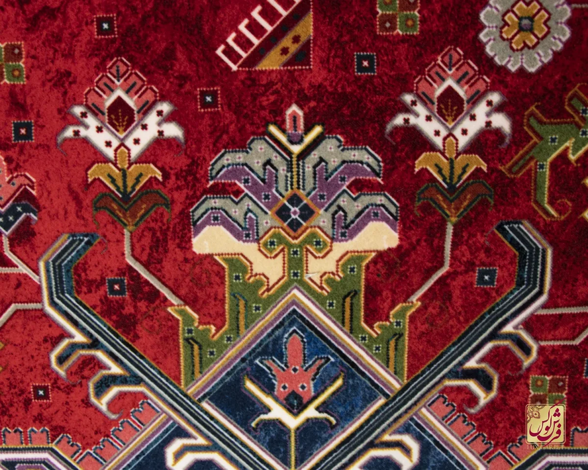 فرش ابریشم ماشینی T1089 لاکی حاشیه آبی - تصویر 4