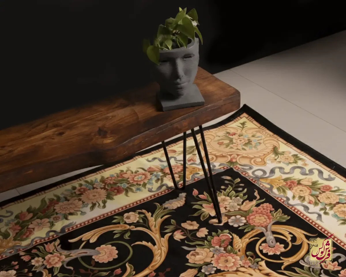 فرش ابریشم ماشینی 1225 مشکی حاشیه نباتی - تصویر 10