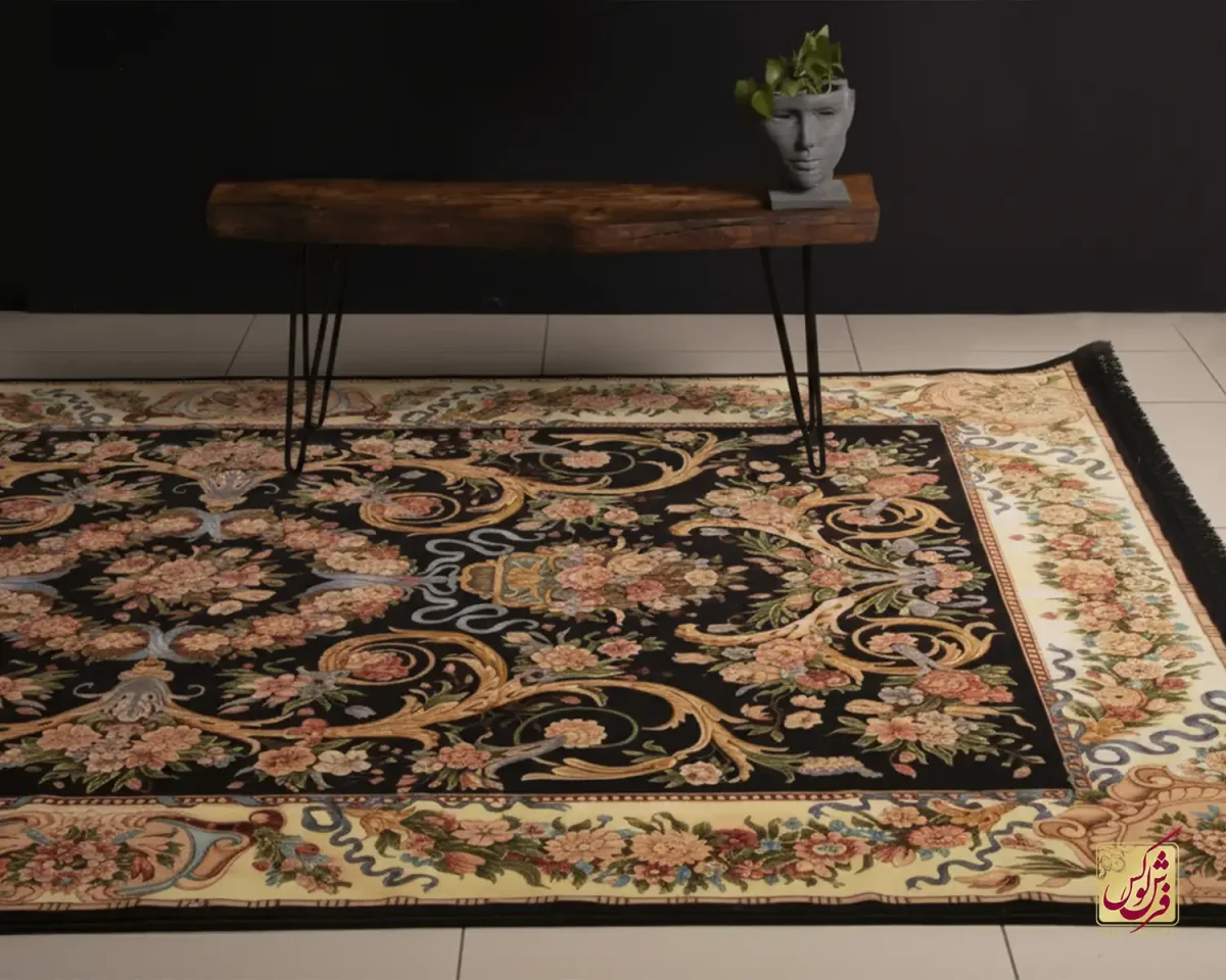 فرش ابریشم ماشینی 1225 مشکی حاشیه نباتی - تصویر 1