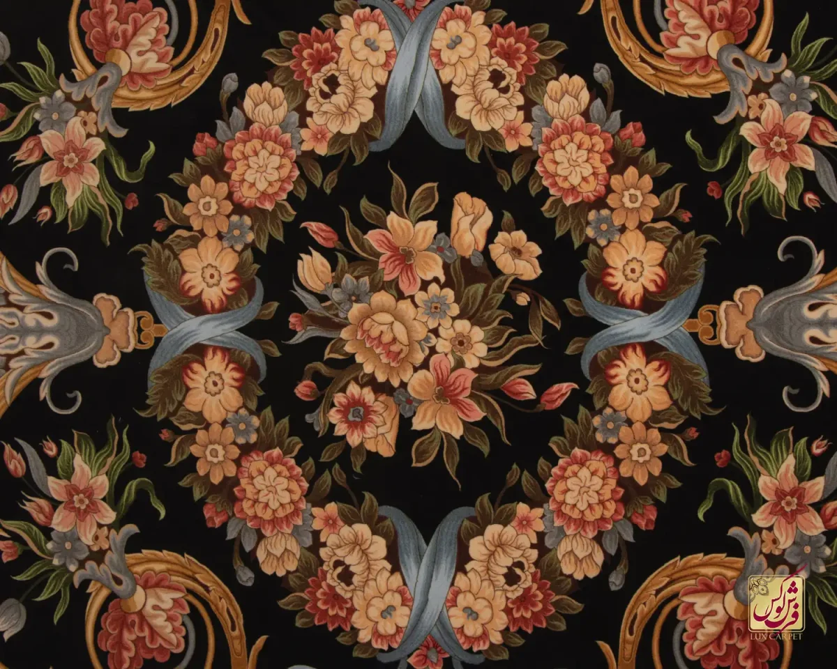 فرش ابریشم ماشینی 1225 مشکی حاشیه نباتی - تصویر 3