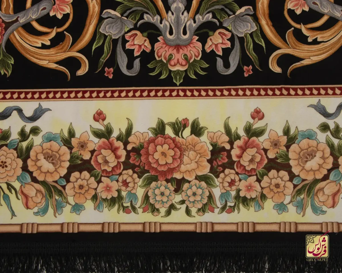 فرش ابریشم ماشینی 1225 مشکی حاشیه نباتی - تصویر 4