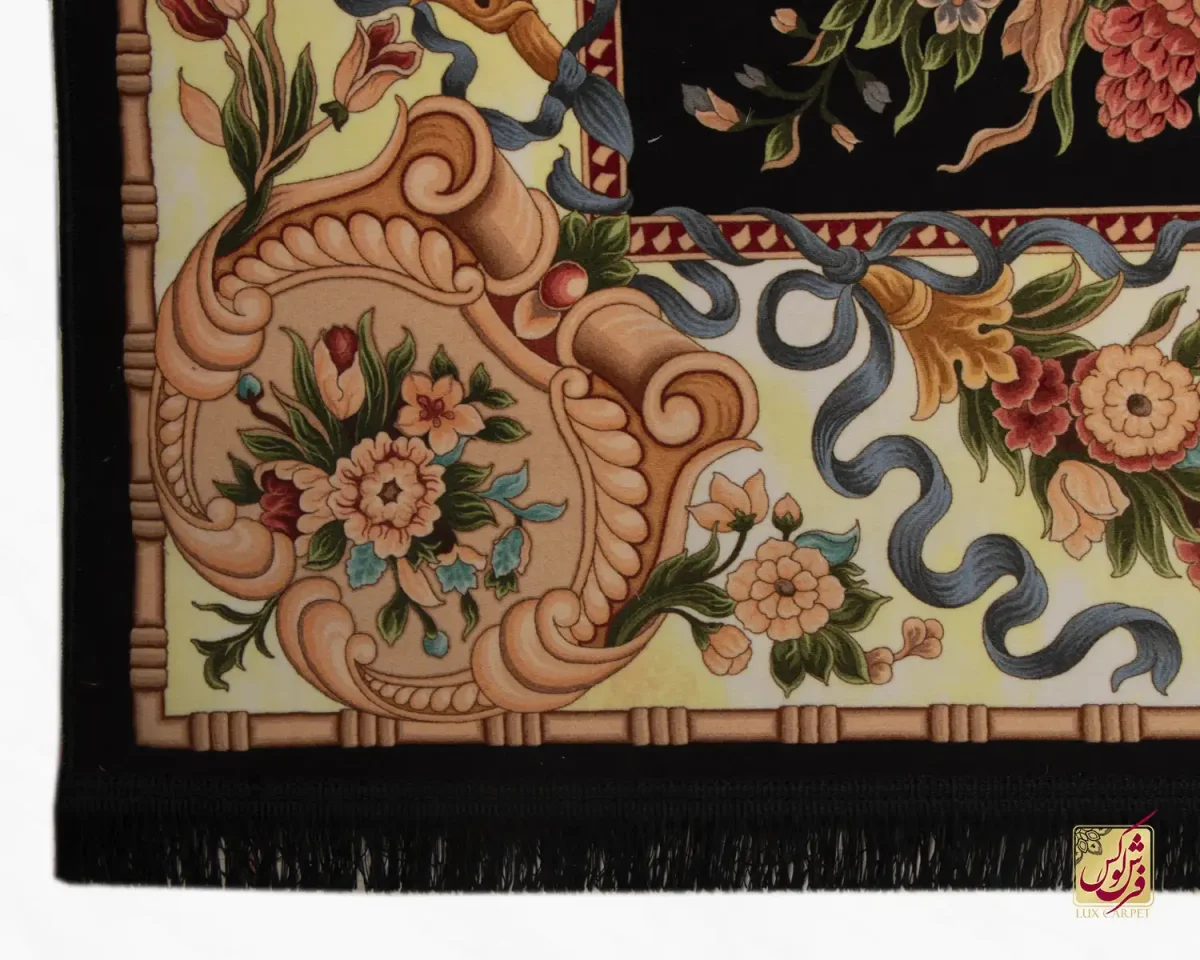 فرش ابریشم ماشینی 1225 مشکی حاشیه نباتی - تصویر 5