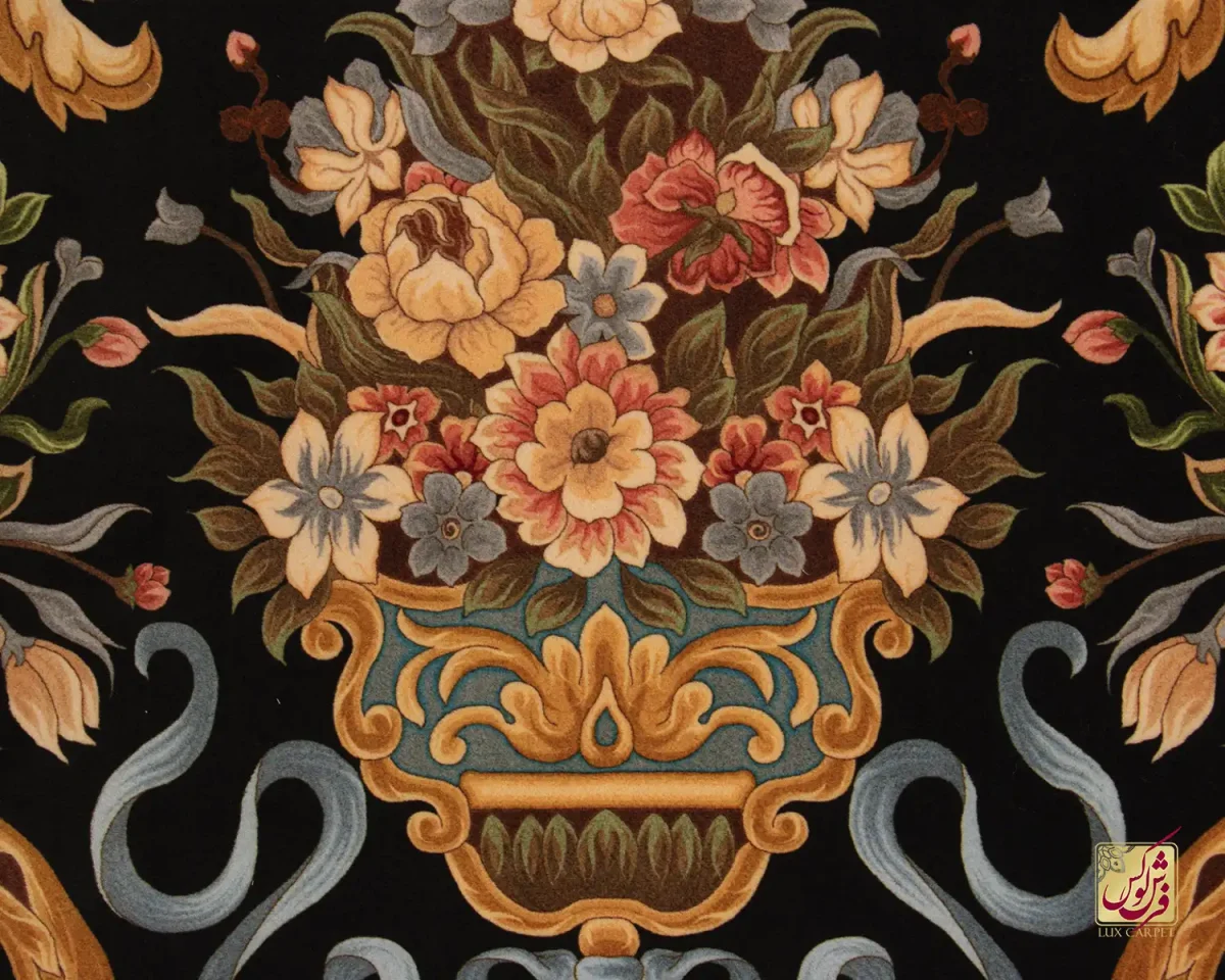 فرش ابریشم ماشینی 1225 مشکی حاشیه نباتی - تصویر 6