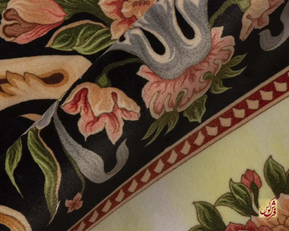 فرش ابریشم ماشینی 1225 مشکی حاشیه نباتی - تصویر 7