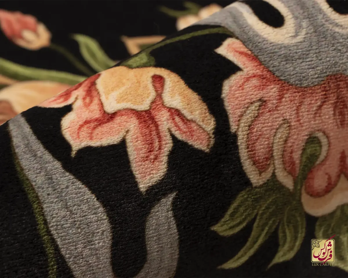 فرش ابریشم ماشینی 1225 مشکی حاشیه نباتی - تصویر 8