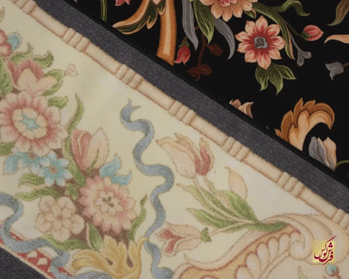 فرش ابریشم ماشینی 1225 مشکی حاشیه نباتی - تصویر 9