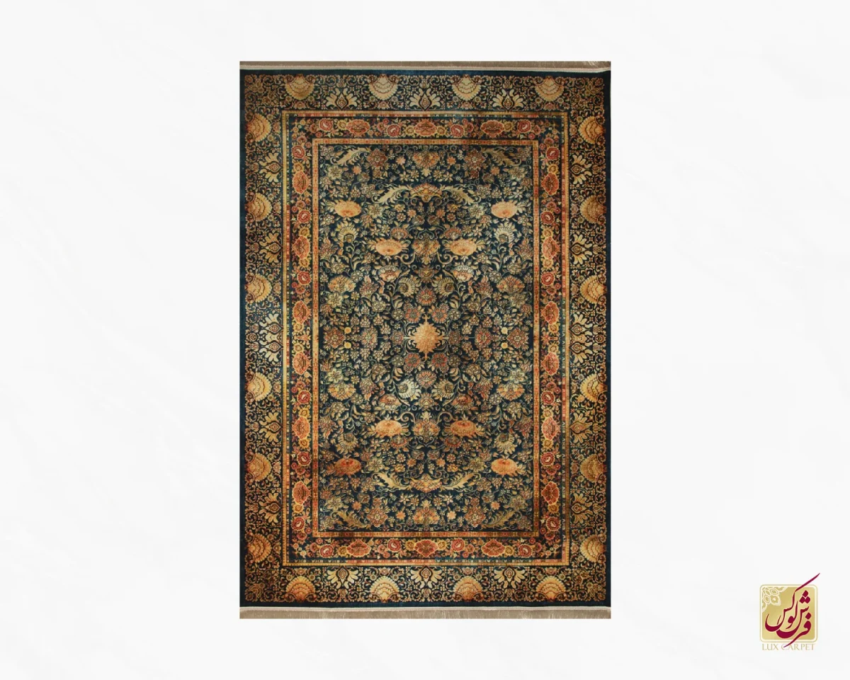 فرش ابریشم ماشینی 202777 سرمه‌ای آجری - تصویر 2