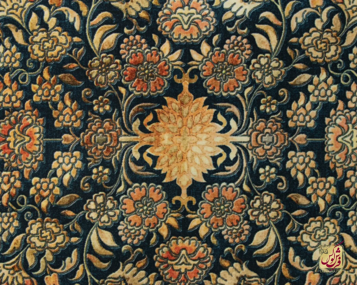 فرش ابریشم ماشینی 202777 سرمه‌ای آجری - تصویر 3